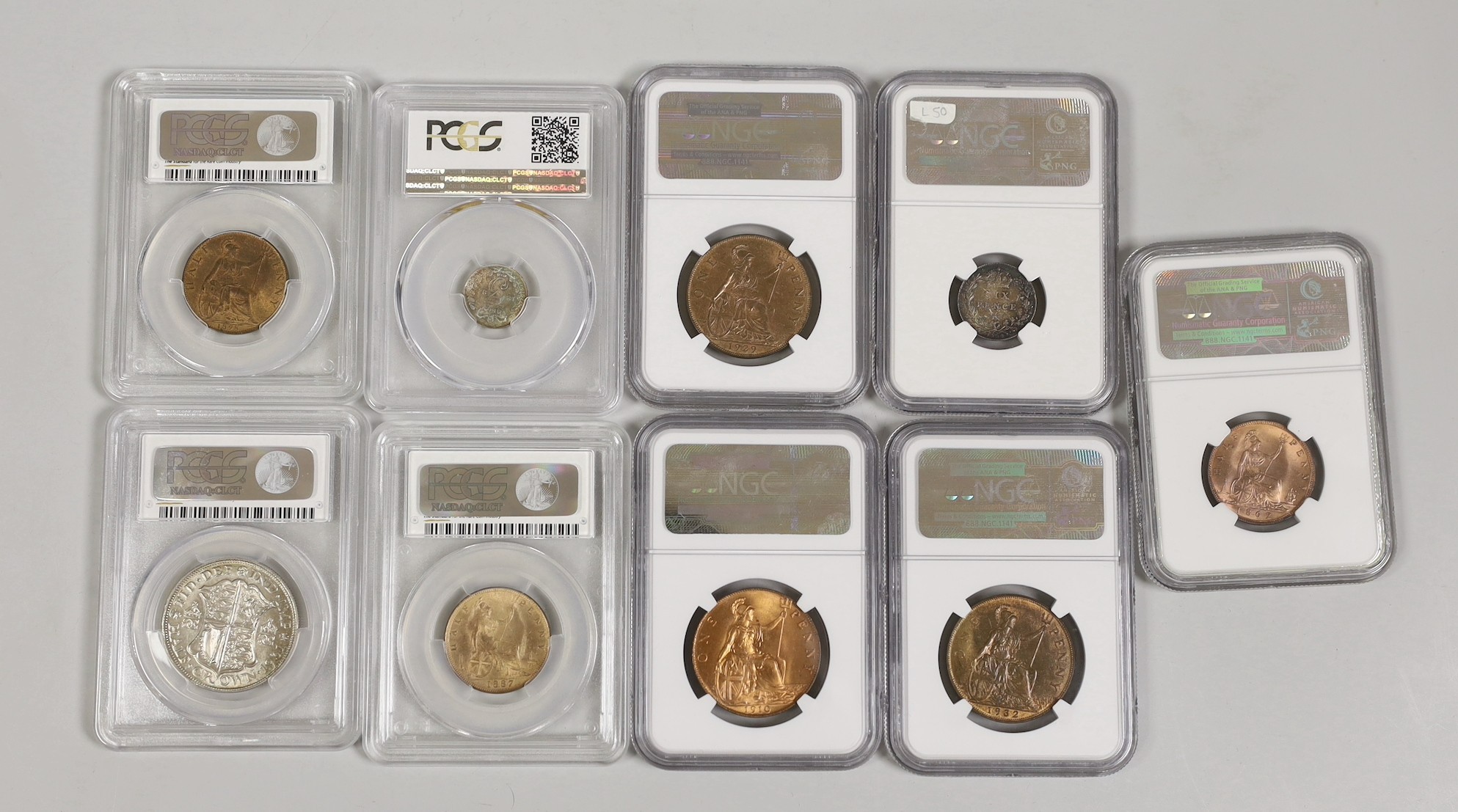 British coins, NGC and PCGS slabbed and graded - Victoria halfpenny 1862, threepence 1884, halfpenny 1887 and 1898, Edward VII one penny 1910, sixpence 1909, George V halfcrown 1931, one penny 1929 and 1932 (9)